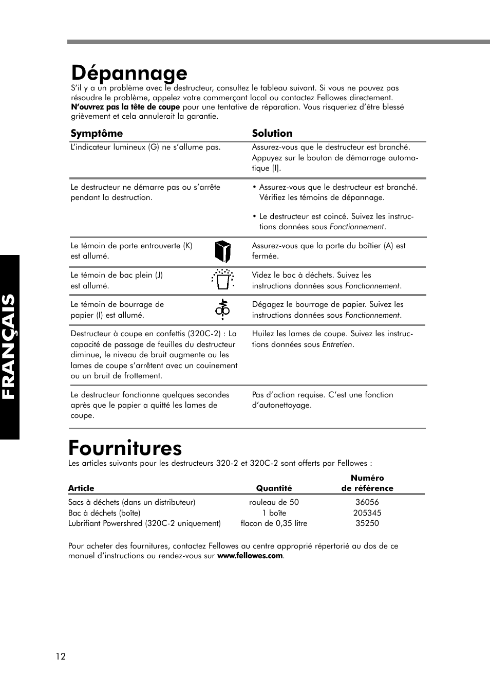 Dépannage, Fournitures, Français | FELLOWES 320-2 User Manual | Page 13 / 21
