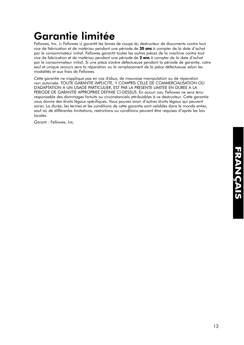 Garantie limitée, Français | FELLOWES 320-2 User Manual | Page 14 / 21