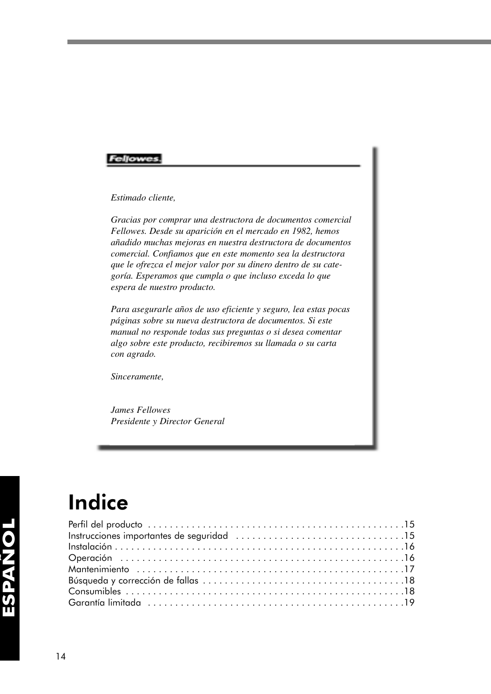 Indice, Esp añol | FELLOWES 320-2 User Manual | Page 15 / 21