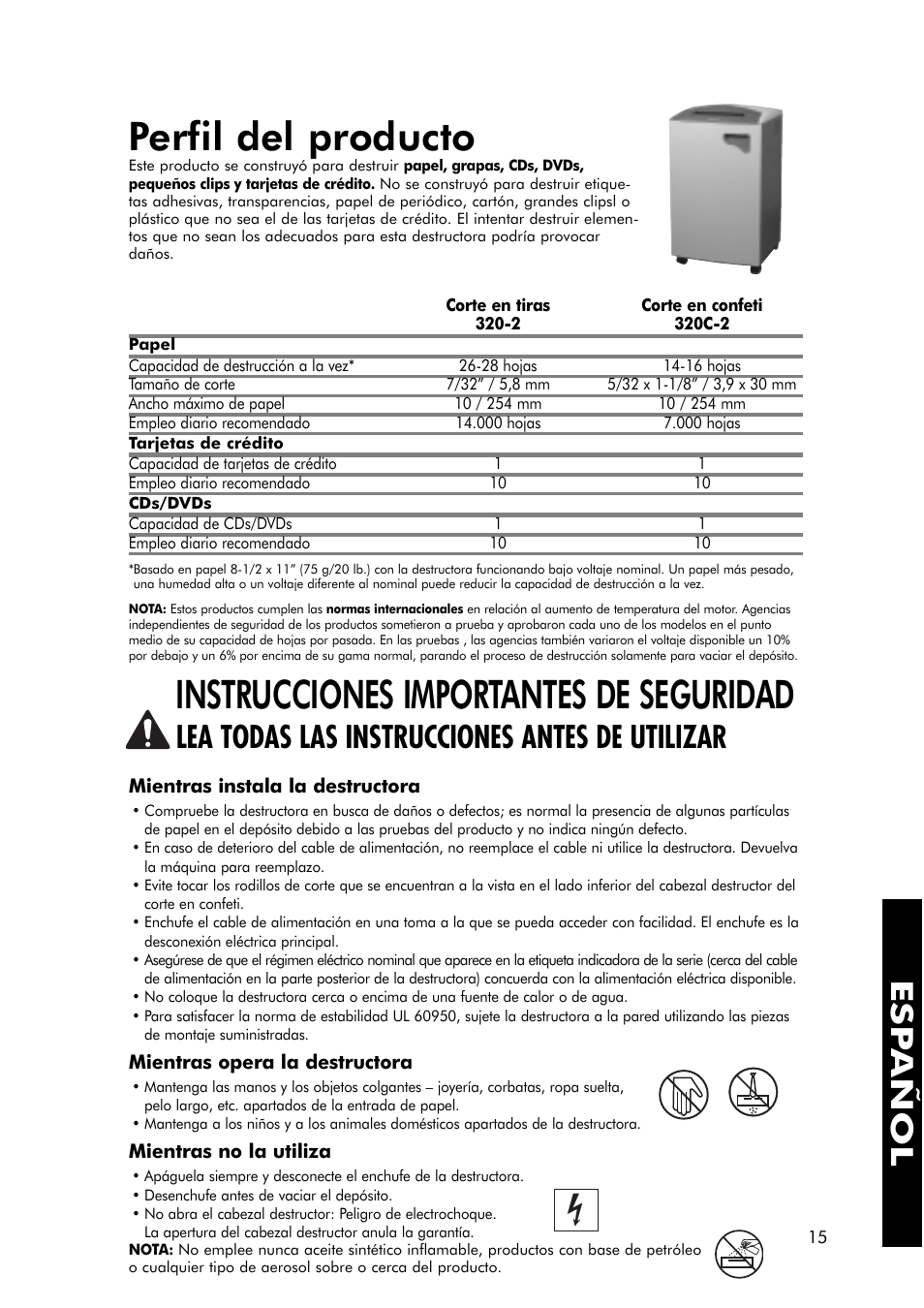 Perfil del producto, Instrucciones importantes de seguridad, Esp añol | Lea todas las instrucciones antes de utilizar | FELLOWES 320-2 User Manual | Page 16 / 21