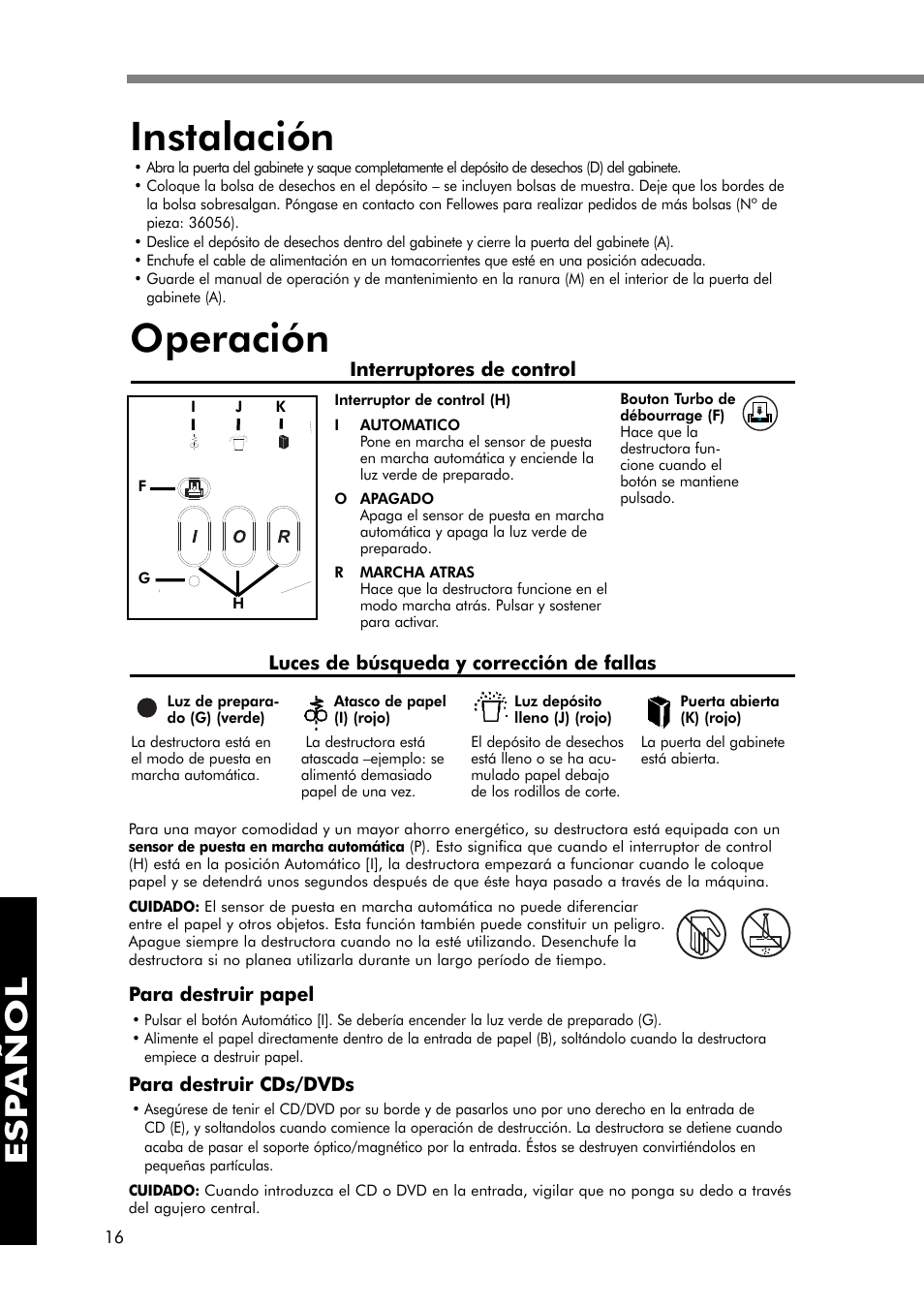Instalación, Operación, Esp añol | FELLOWES 320-2 User Manual | Page 17 / 21
