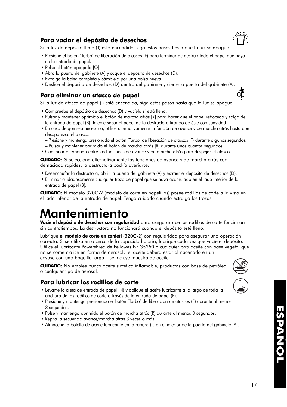 Mantenimiento, Esp añol | FELLOWES 320-2 User Manual | Page 18 / 21