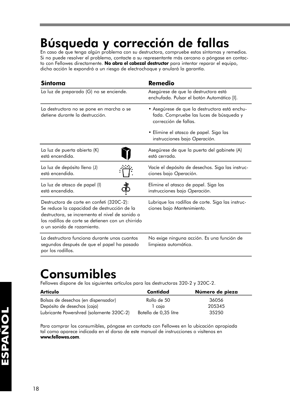 Búsqueda y corrección de fallas, Consumibles, Esp añol | FELLOWES 320-2 User Manual | Page 19 / 21
