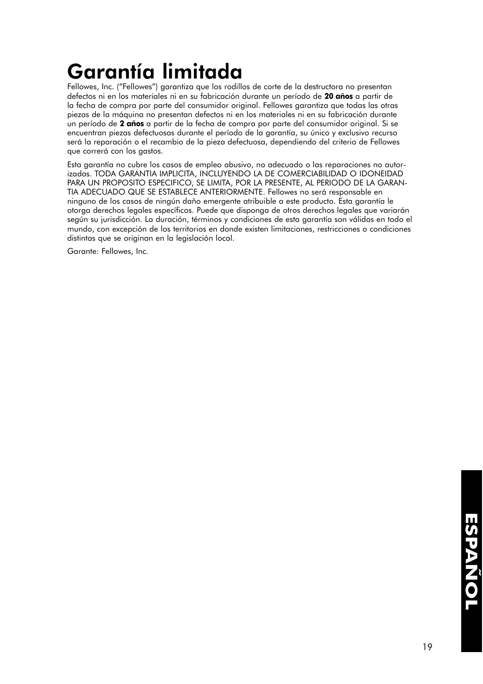 Garantía limitada, Esp añol | FELLOWES 320-2 User Manual | Page 20 / 21