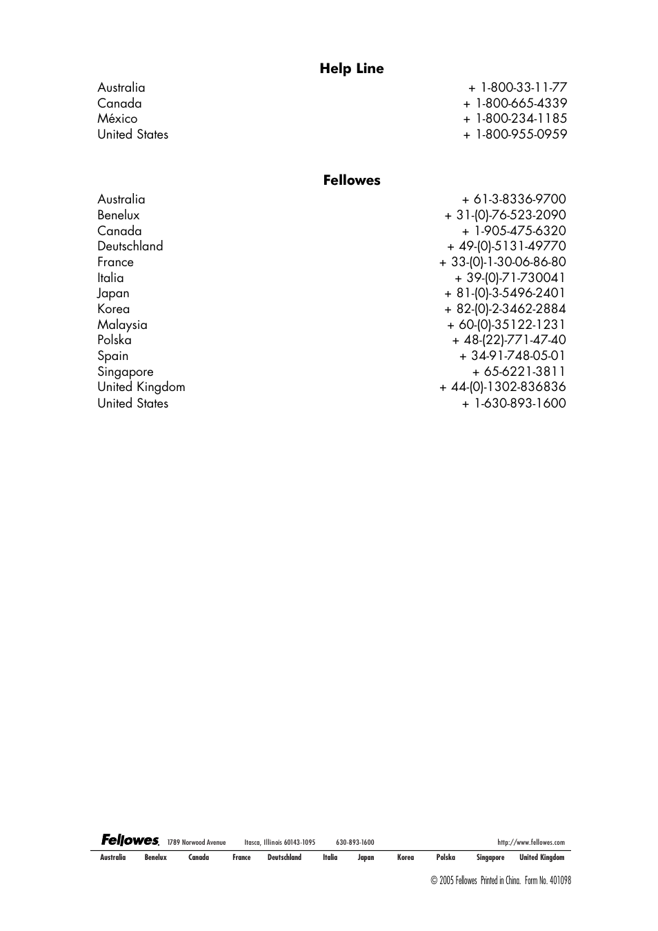 Help line, Fellowes | FELLOWES 320-2 User Manual | Page 21 / 21