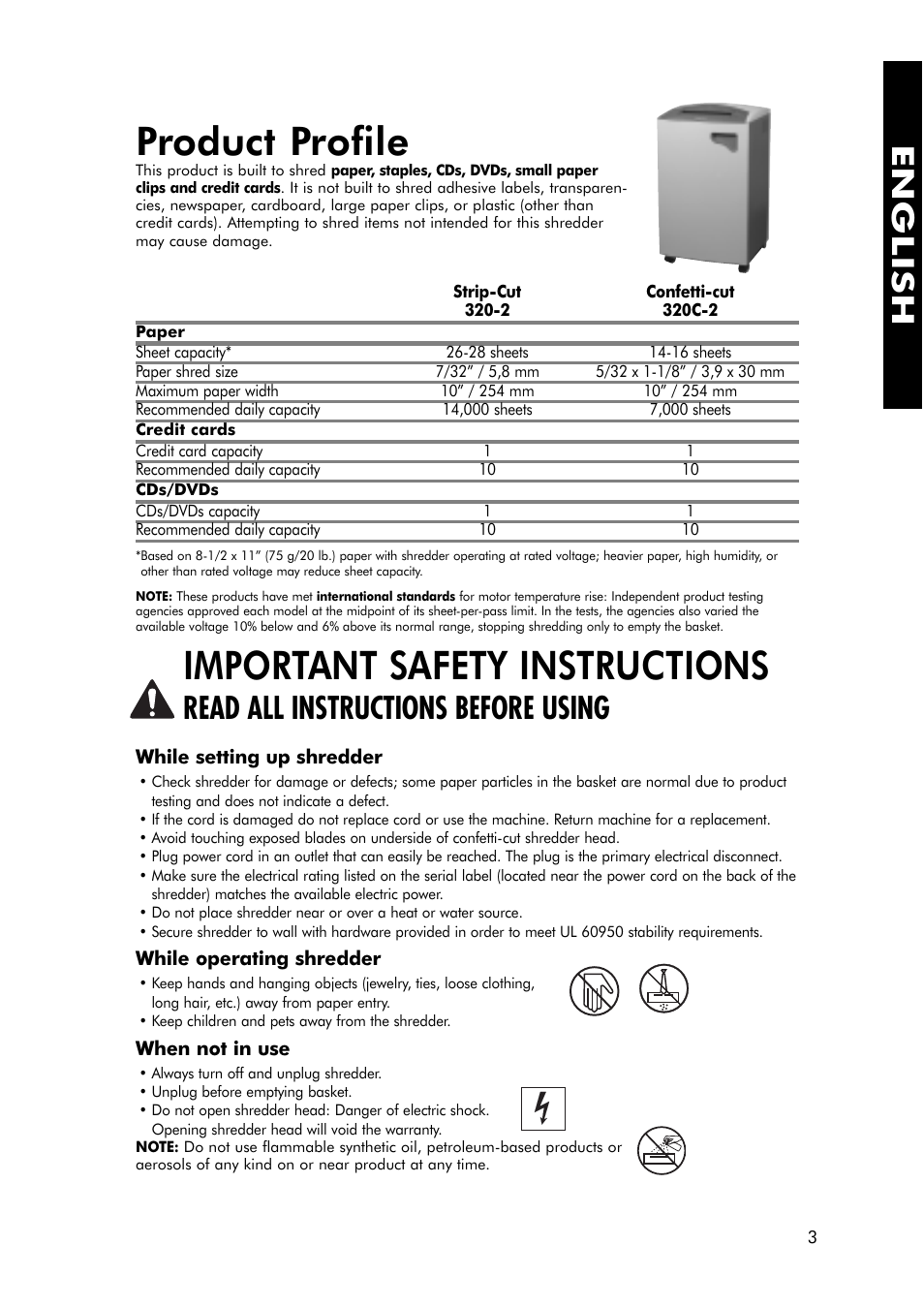 Product profile, Important safety instructions, English | Read all instructions before using | FELLOWES 320-2 User Manual | Page 4 / 21