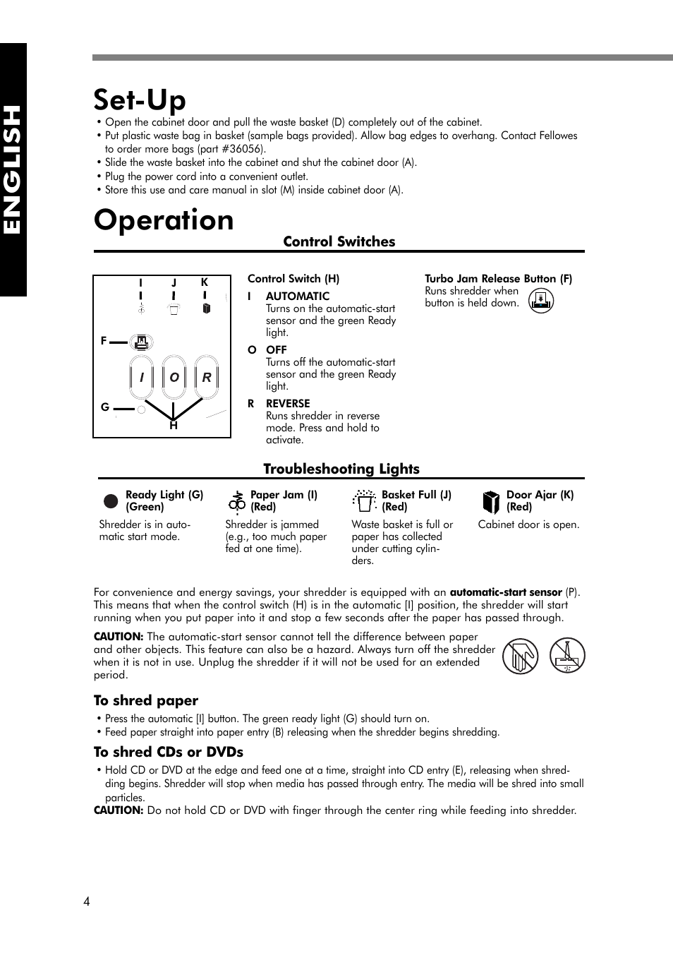 Set-up, Operation, English | FELLOWES 320-2 User Manual | Page 5 / 21