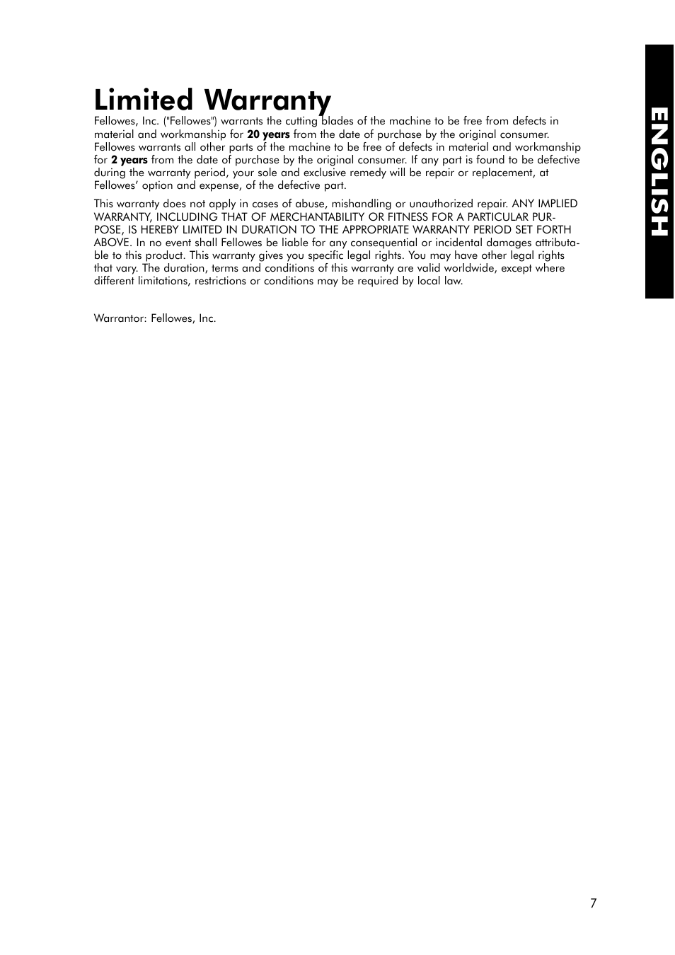 Limited warranty, English | FELLOWES 320-2 User Manual | Page 8 / 21