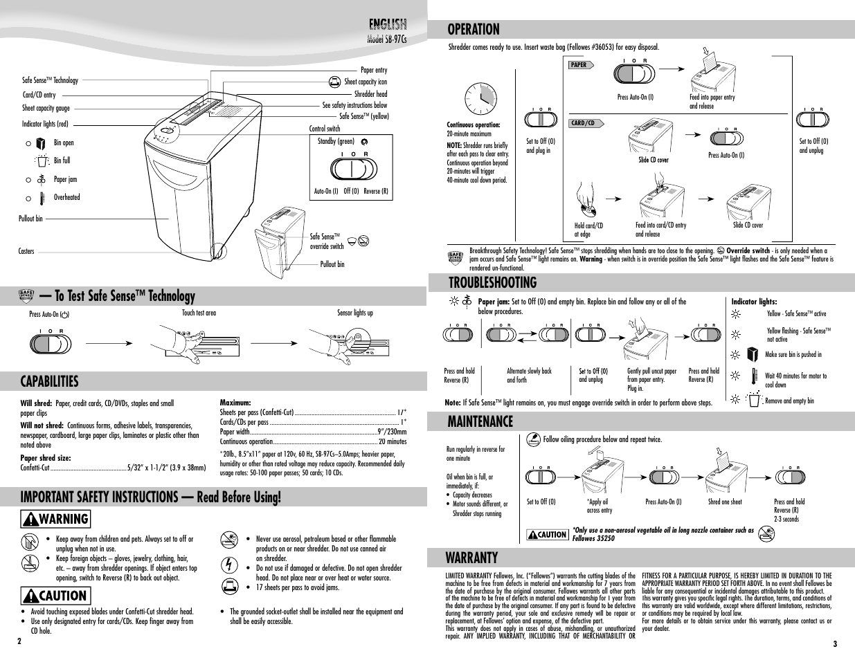 English, Capabilities, Important safety instructions — read before using | Operation troubleshooting, Warranty, Maintenance | FELLOWES SB-97CS User Manual | Page 2 / 2