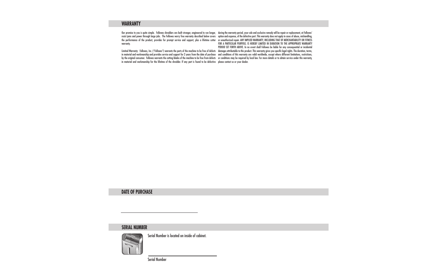 Warranty, Date of purchase serial number | FELLOWES DS-16Ci User Manual | Page 2 / 5