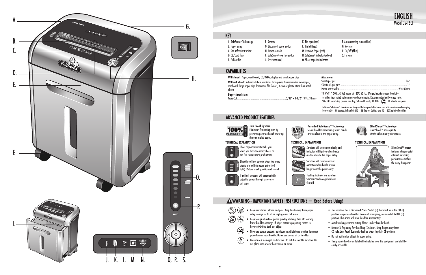 English, Q. r. s. p. o. i, J. k. l. m. n. a. b. d. e. c. h. g | Capabilities | FELLOWES DS-16Ci User Manual | Page 3 / 5
