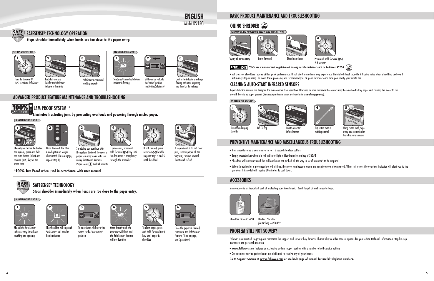 English, Model ds-16ci, Safesense | Technology, Technology operation, Accessories, Problem still not solved, Oiling shredder | FELLOWES DS-16Ci User Manual | Page 5 / 5