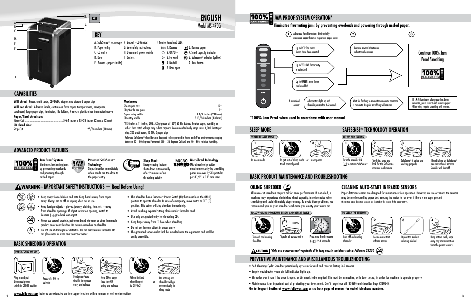English, Important safety instructions — read before using, Model ms-470ci | Jam proof system operation, Oiling shredder, Safesense, Technology operation, Sleep mode, Continue 100% jam proof shredding | FELLOWES MS-470Ci User Manual | Page 2 / 2