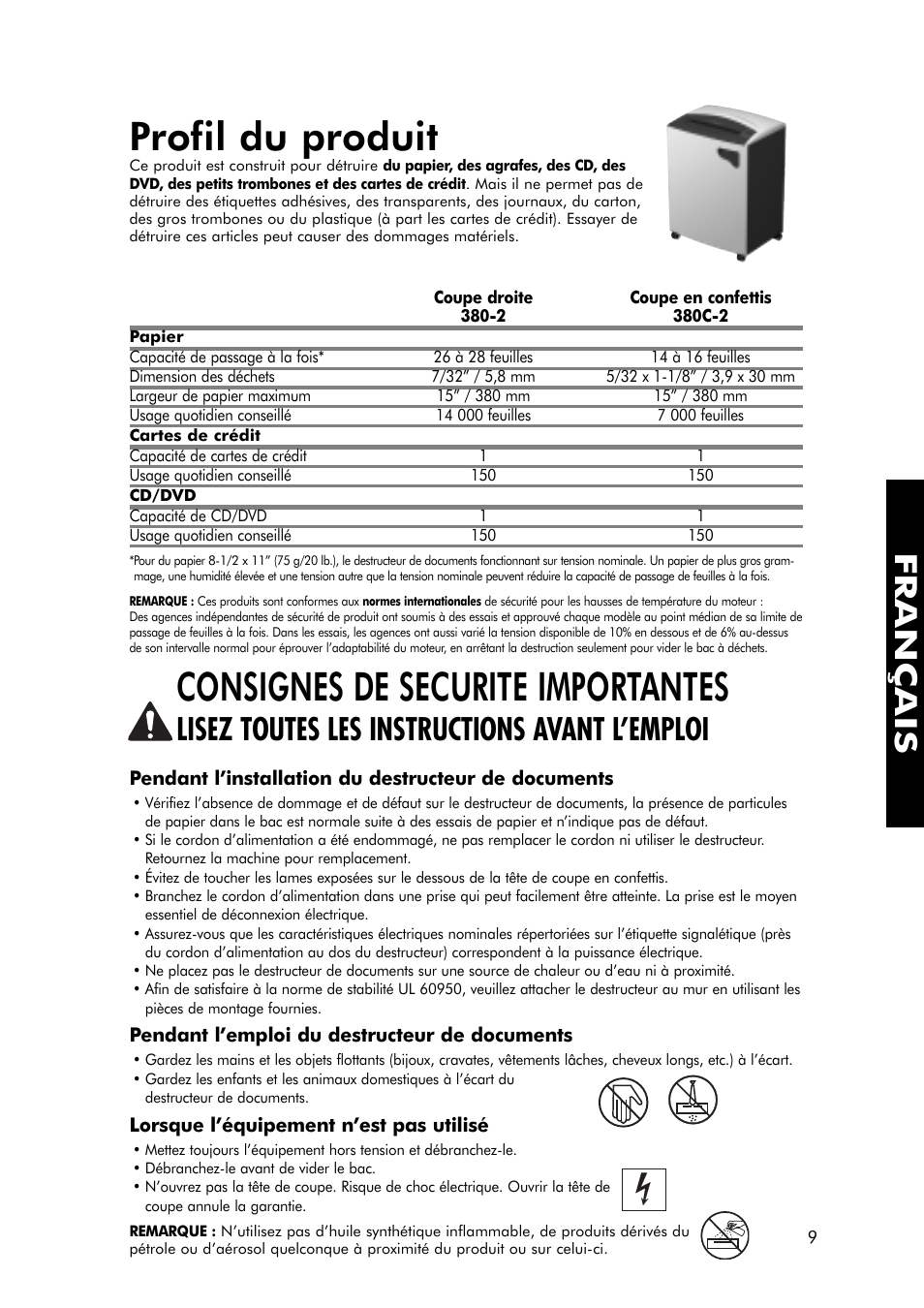 Profil du produit, Consignes de securite importantes, Français | Lisez toutes les instructions avant l’emploi | FELLOWES 380-2 User Manual | Page 10 / 21