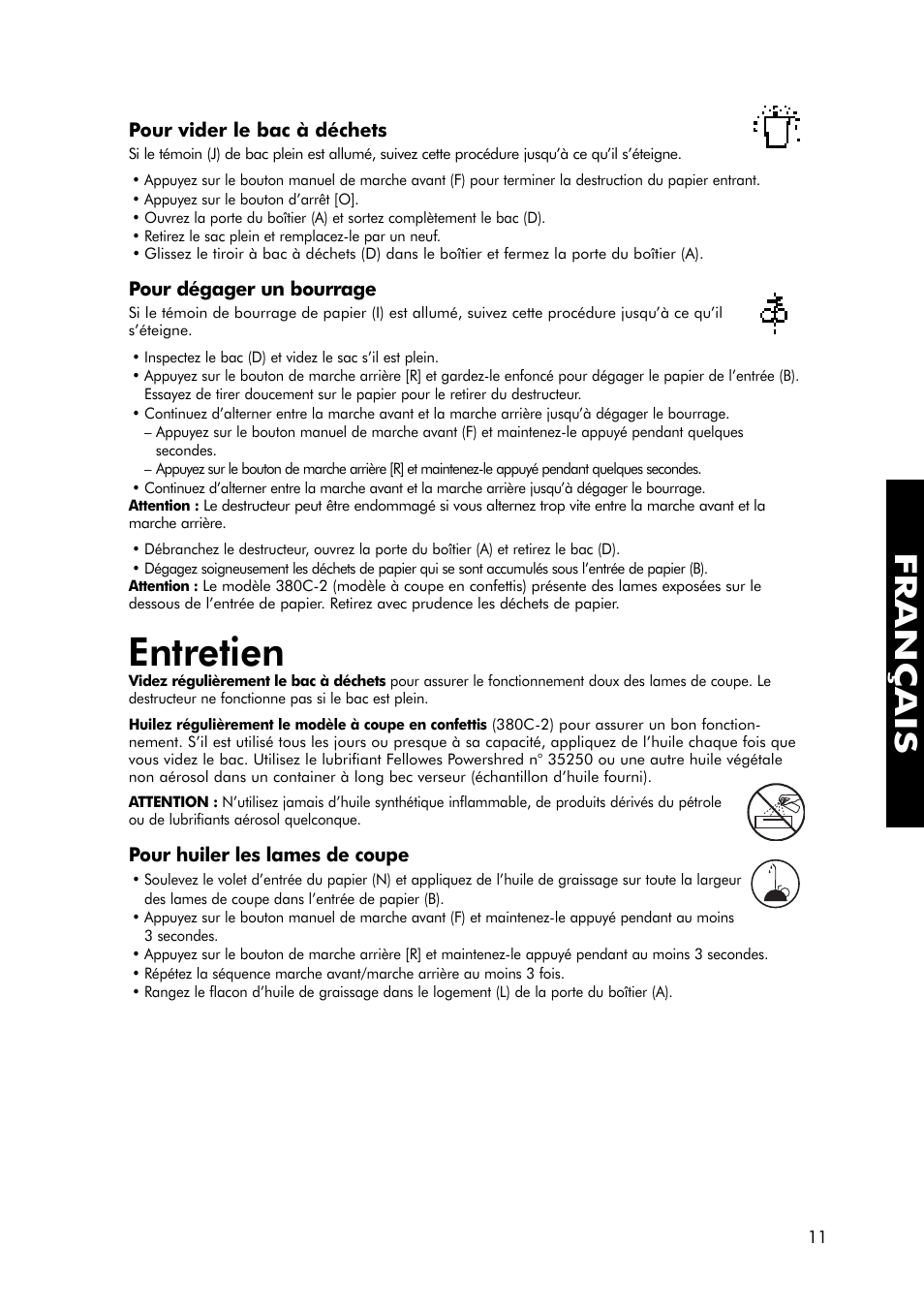 Entretien, Français | FELLOWES 380-2 User Manual | Page 12 / 21