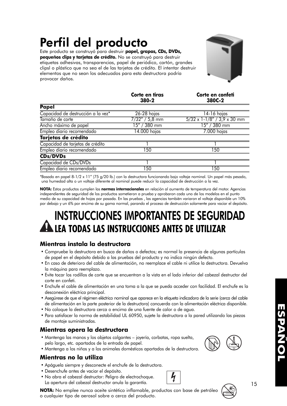 Perfil del producto, Instrucciones importantes de seguridad, Lea todas las instrucciones antes de utilizar | Esp añol | FELLOWES 380-2 User Manual | Page 16 / 21