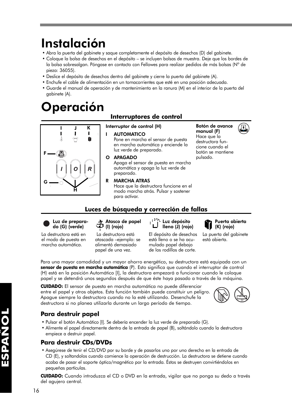 Instalación, Operación, Esp añol | FELLOWES 380-2 User Manual | Page 17 / 21