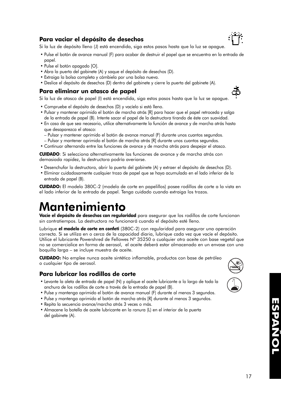 Mantenimiento, Esp añol | FELLOWES 380-2 User Manual | Page 18 / 21