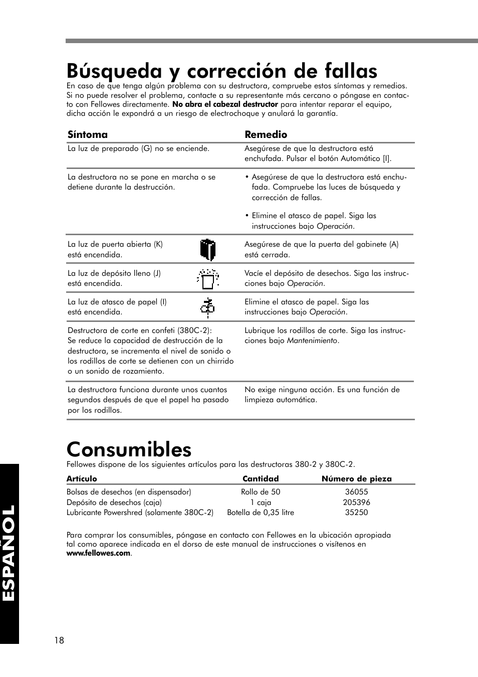 Búsqueda y corrección de fallas, Consumibles, Esp añol | FELLOWES 380-2 User Manual | Page 19 / 21
