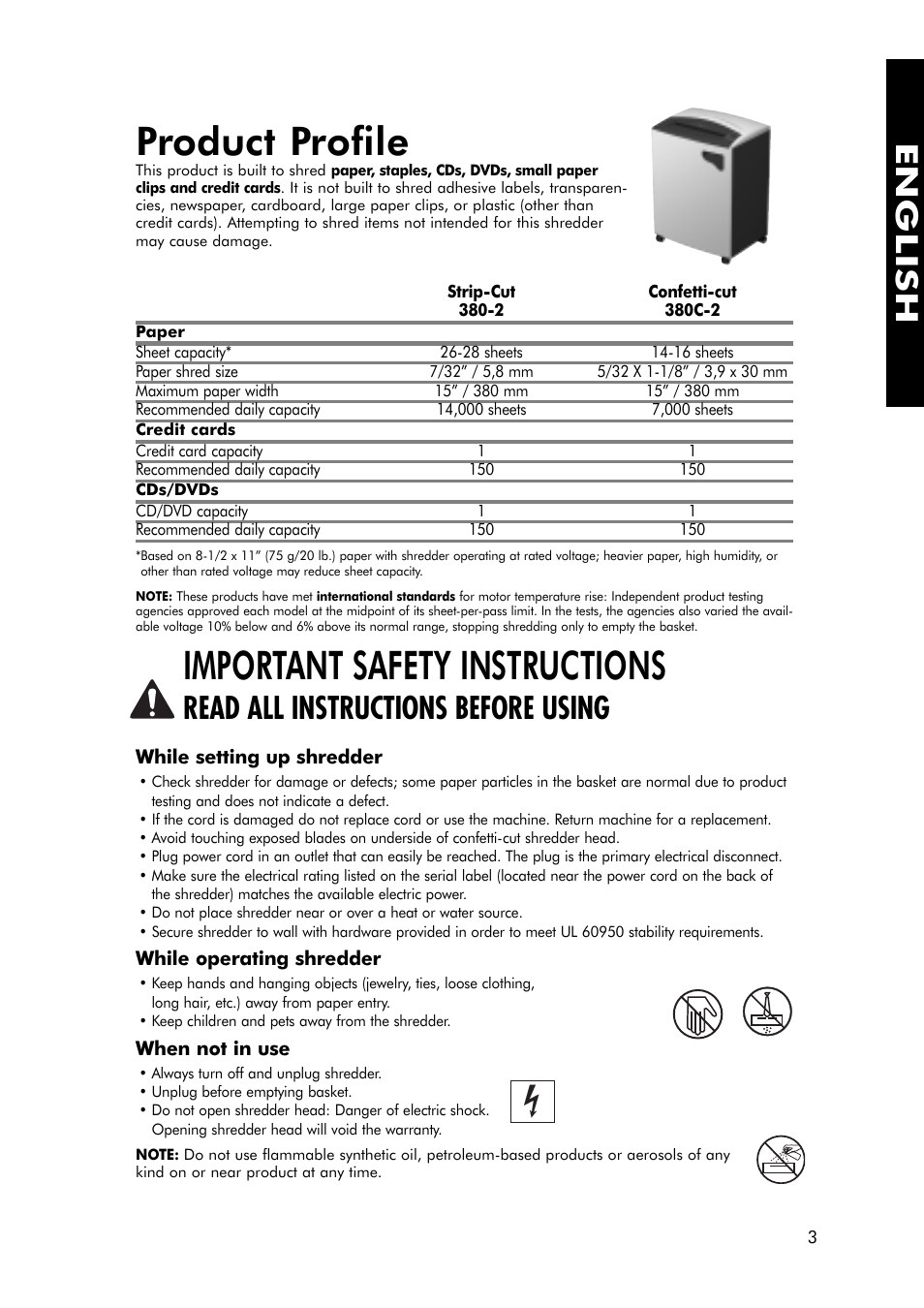 Product profile, Important safety instructions, English | Read all instructions before using | FELLOWES 380-2 User Manual | Page 4 / 21