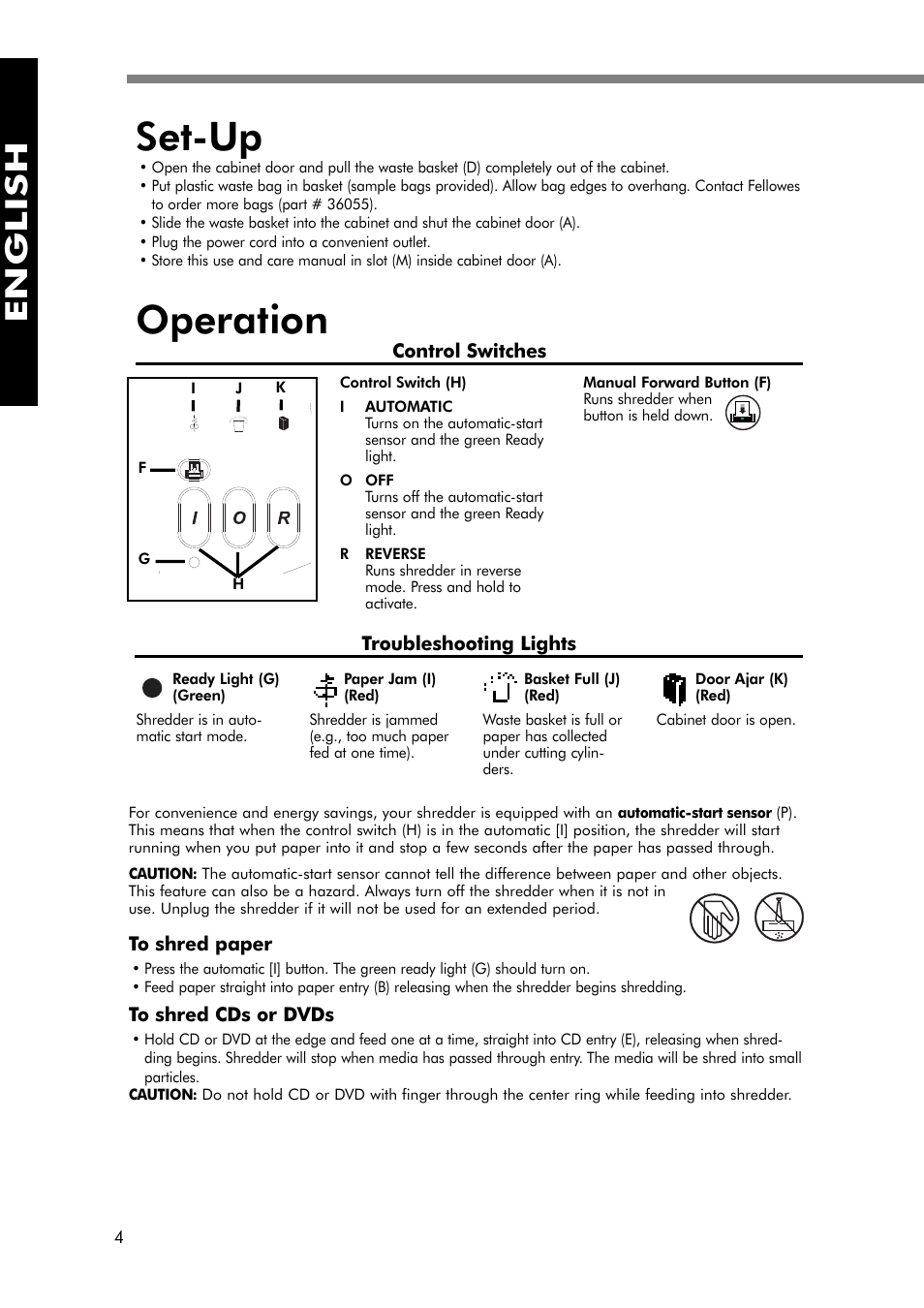 Set-up, Operation, English | FELLOWES 380-2 User Manual | Page 5 / 21