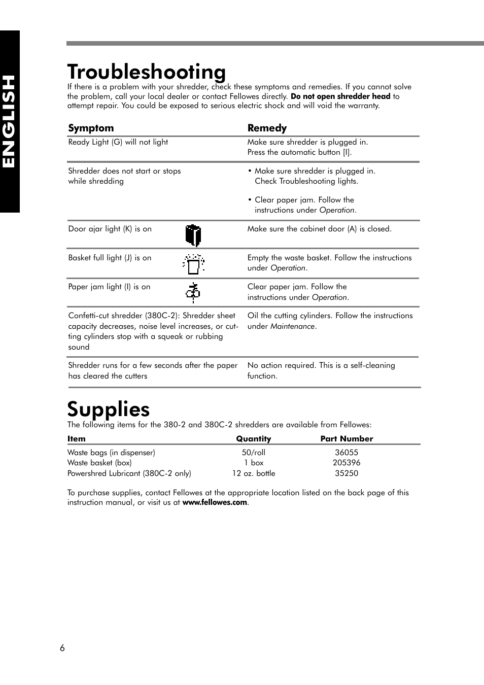 Supplies, Troubleshooting, English | FELLOWES 380-2 User Manual | Page 7 / 21