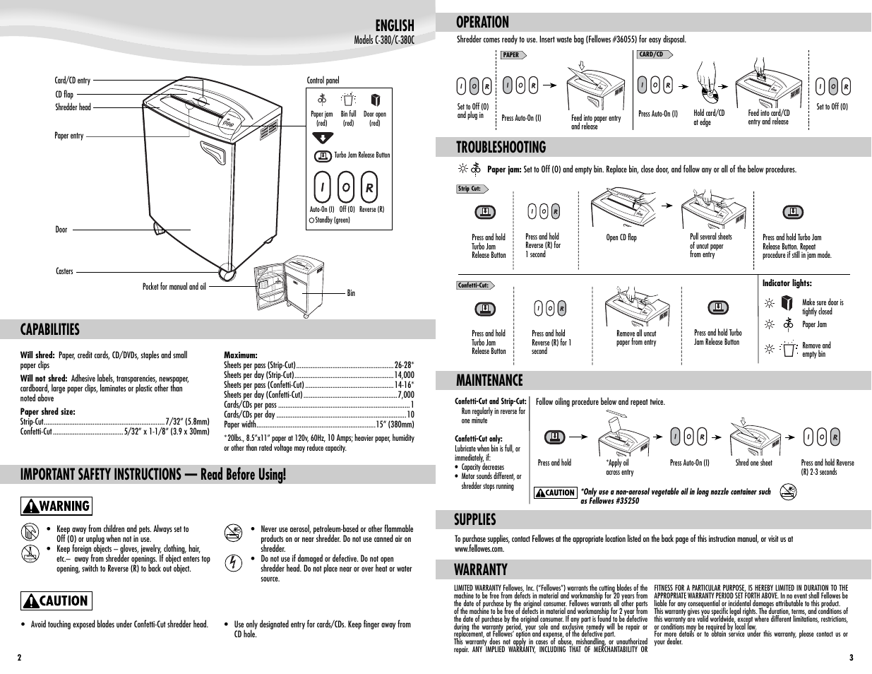 English, Capabilities, Important safety instructions — read before using | Warranty, Operation troubleshooting, Supplies maintenance | FELLOWES POWERSHRED C-380C User Manual | Page 2 / 2