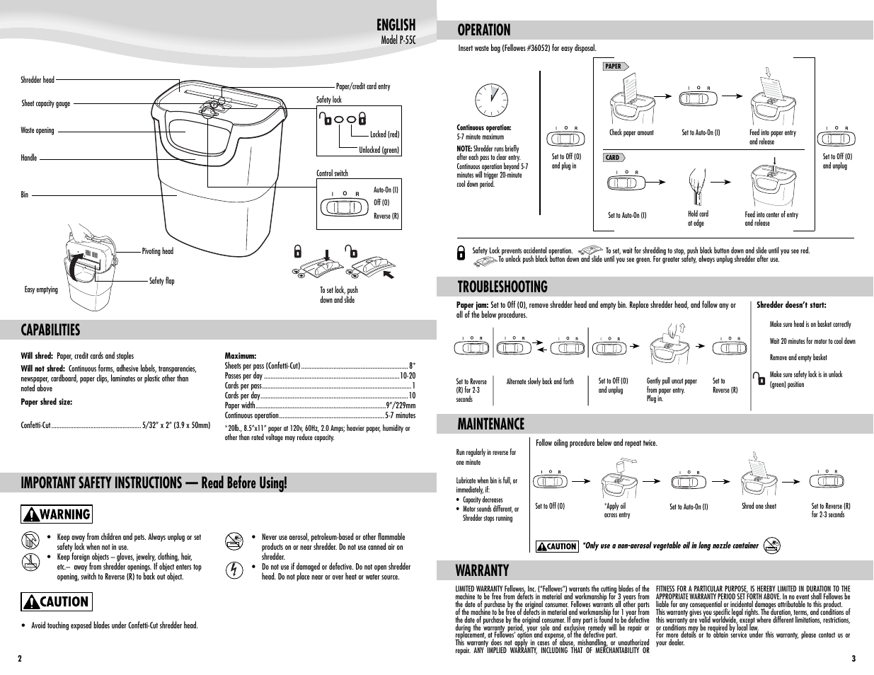 English, Capabilities, Important safety instructions — read before using | Operation troubleshooting, Warranty, Maintenance | FELLOWES P-55C User Manual | Page 2 / 2