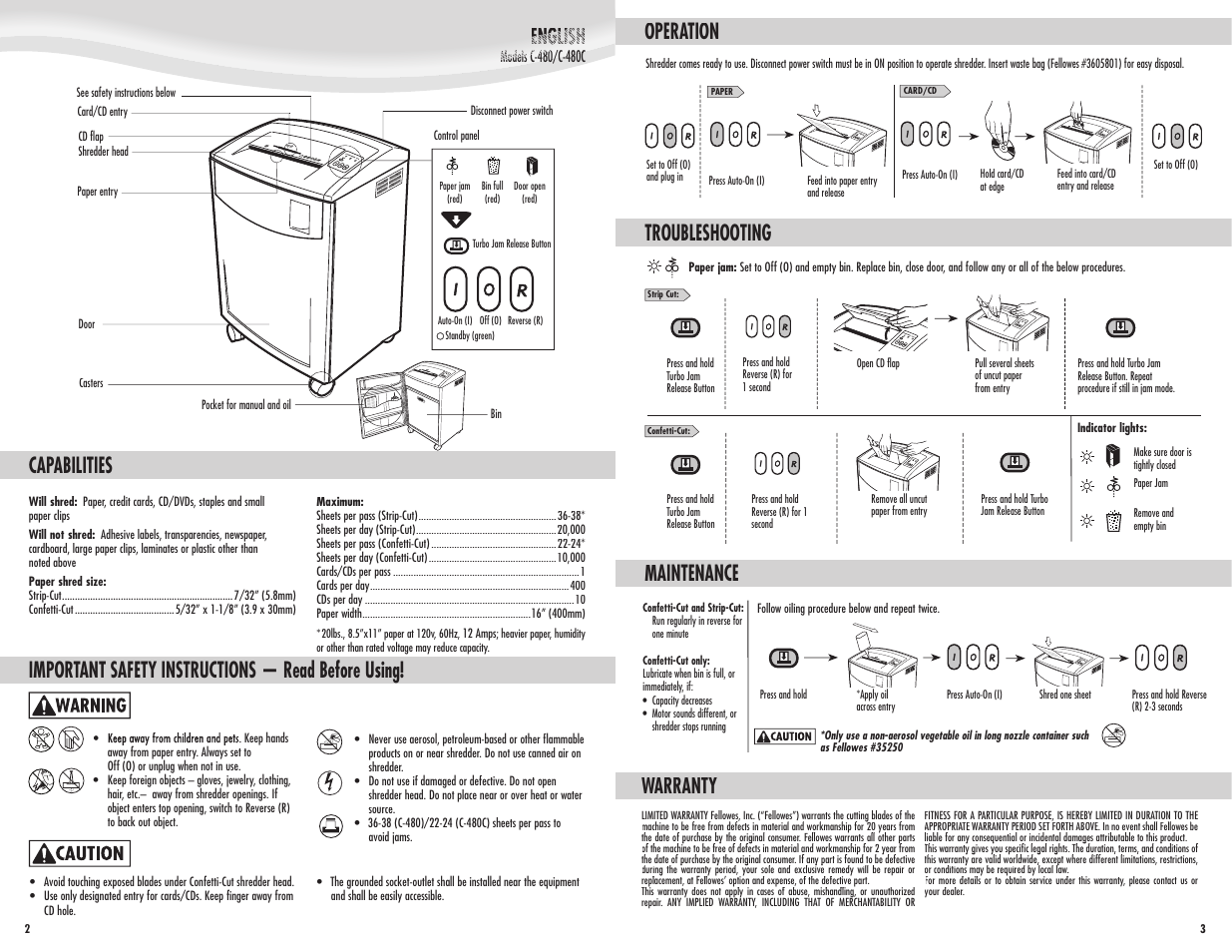 Capabilities, Important safety instructions — read before using, Warranty | Operation troubleshooting, Maintenance | FELLOWES C-480  EN User Manual | Page 2 / 2
