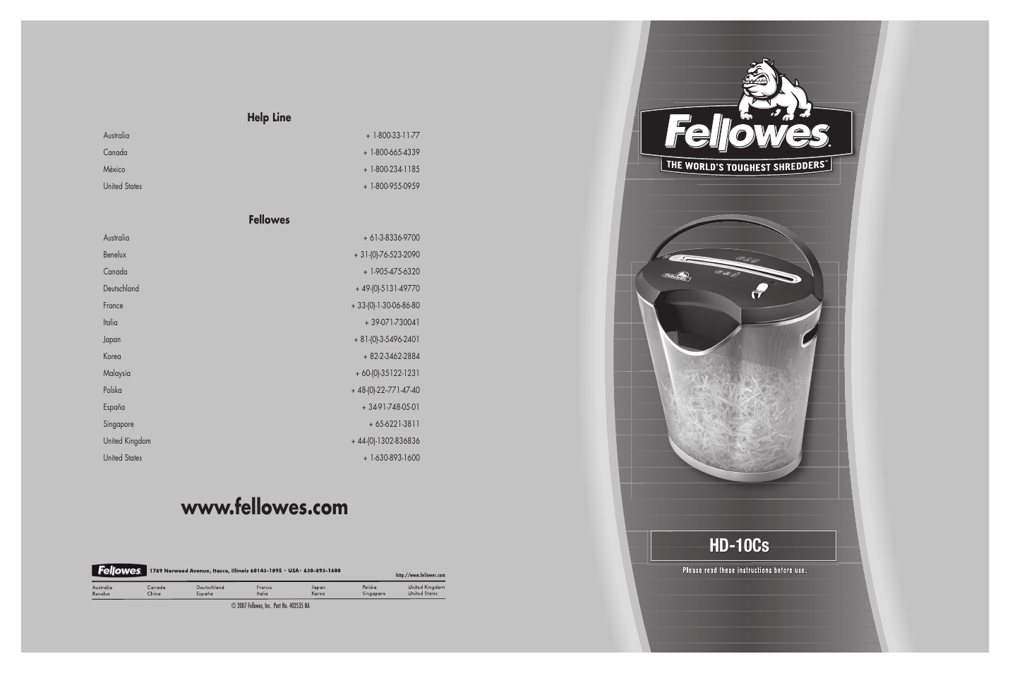 FELLOWES HD-10CS User Manual | 2 pages