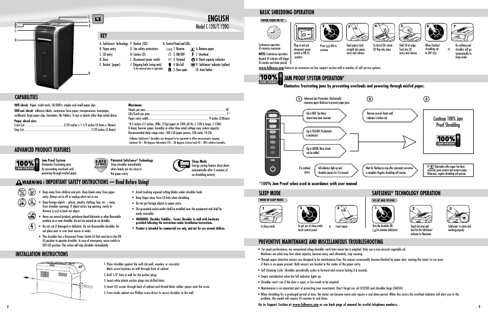 English, Capabilities advanced product features, Installation instructions | Important safety instructions — read before using, Jam proof system operation, Safesense, Technology operation sleep mode, Basic shredding operation, Continue 100% jam proof shredding | FELLOWES c120ci User Manual | Page 2 / 2