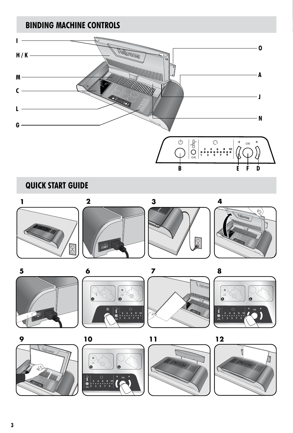Binding machine controls quick start guide | FELLOWES Helios 30TM User Manual | Page 3 / 8