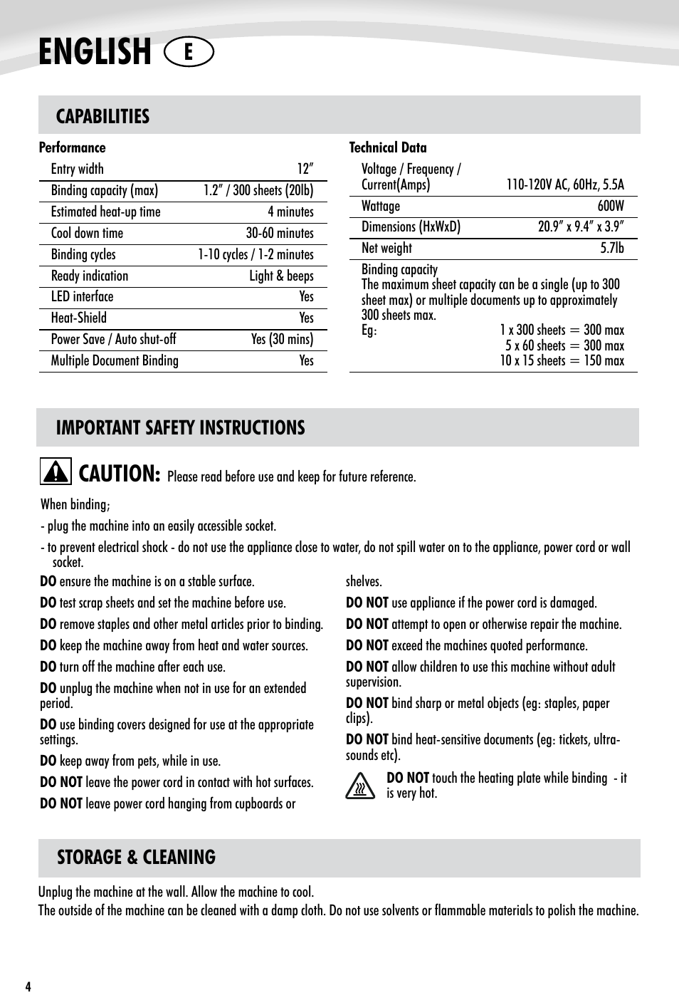 English, Caution, Capabilities | Important safety instructions, Storage & cleaning | FELLOWES Helios 30TM User Manual | Page 4 / 8