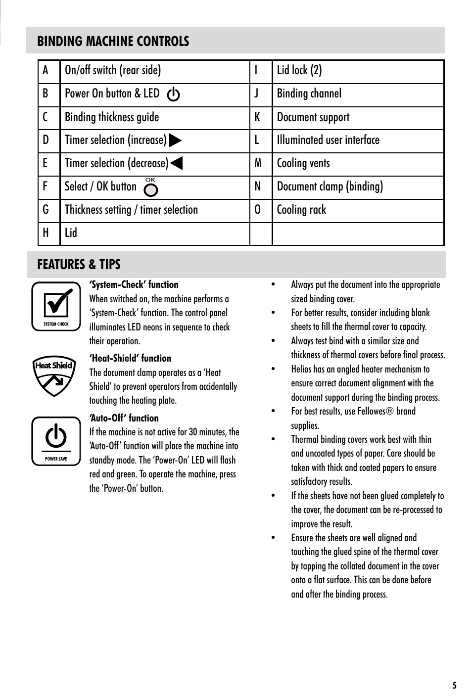 Binding machine controls features & tips | FELLOWES Helios 30TM User Manual | Page 5 / 8