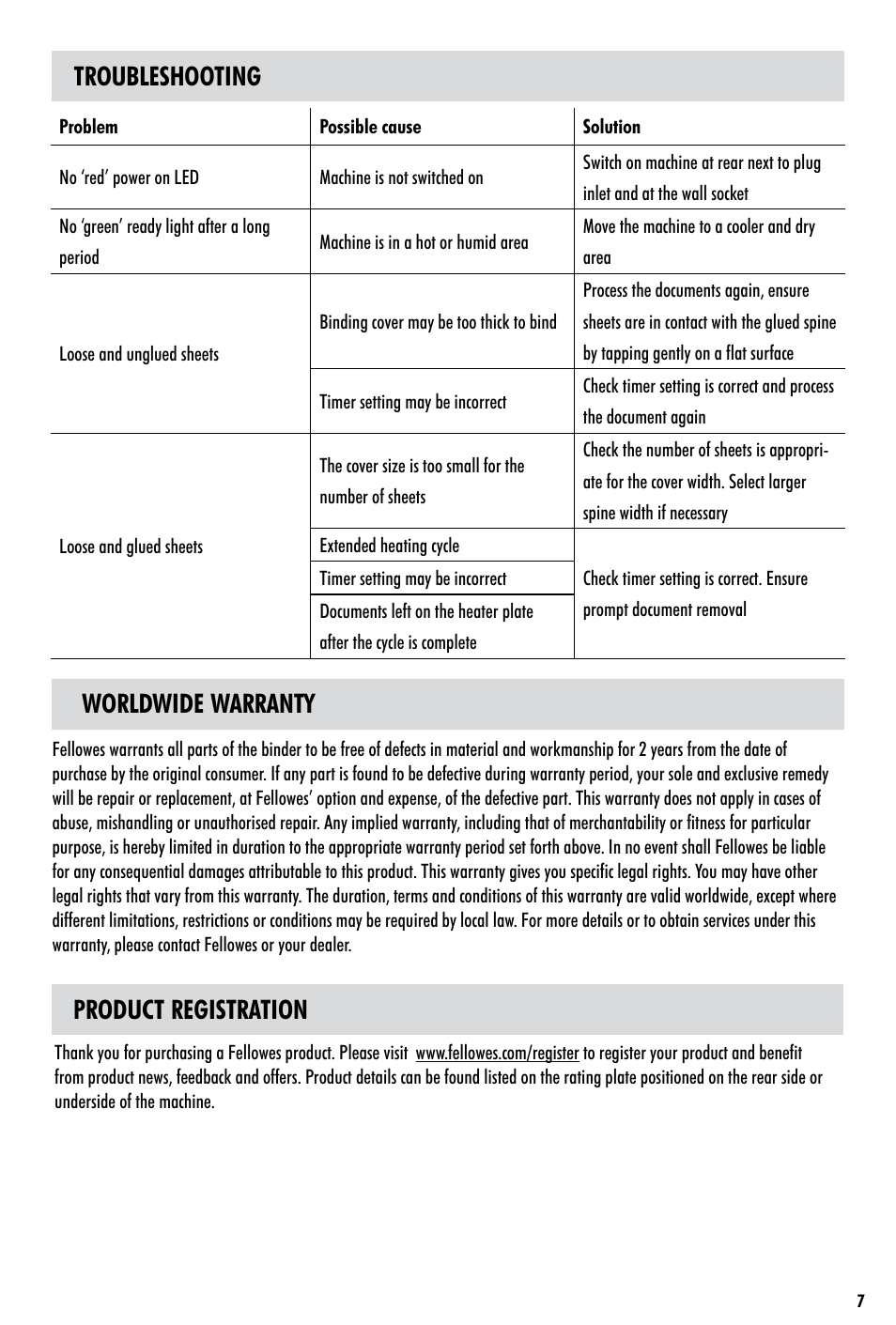 Worldwide warranty, Product registration, Troubleshooting | FELLOWES Helios 30TM User Manual | Page 7 / 8