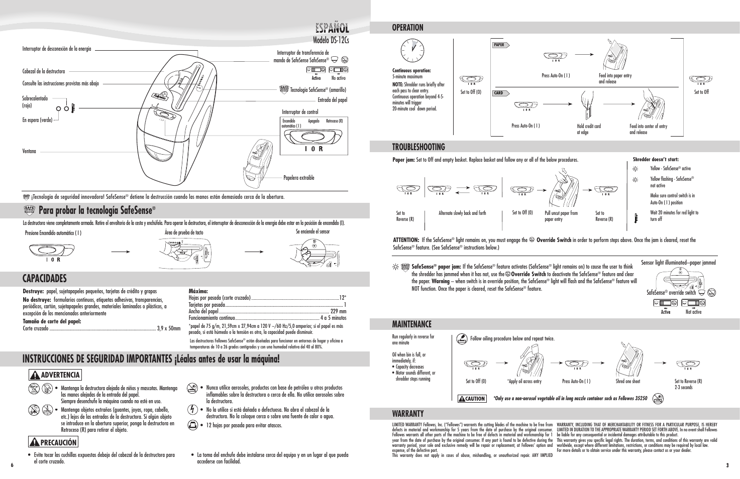 Para probar la tecnología safesense, Modelo ds-12cs modelo ds-12c, Operation troubleshooting maintenance | Warranty | FELLOWES DS12Cs User Manual | Page 3 / 4