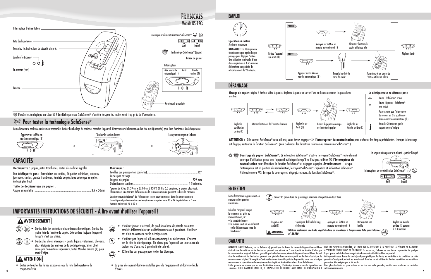 Pour tester la technologie safesense, Modèle ds-12cs modèle ds-12c, Emploi dépannage entretien | Garantie | FELLOWES DS12Cs User Manual | Page 4 / 4