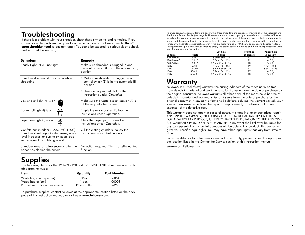 Warranty, Troubleshooting, Supplies | FELLOWES C-120C  EN User Manual | Page 5 / 5