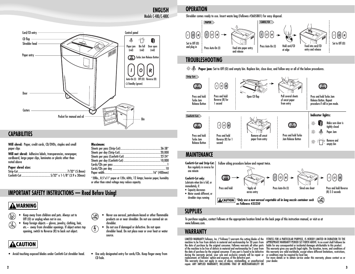 English, Capabilities, Important safety instructions — read before using | Warranty, Operation troubleshooting, Supplies maintenance | FELLOWES POWERSHRED C-480C User Manual | Page 2 / 2