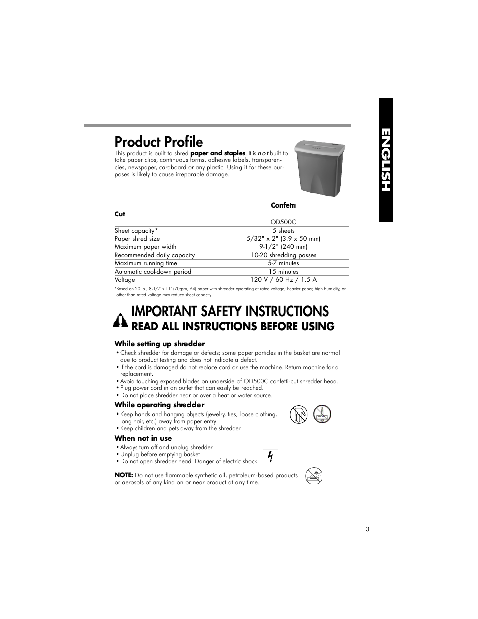 Product profile, Important safety instructions, Read all instructions before using | FELLOWES OD500C User Manual | Page 4 / 8