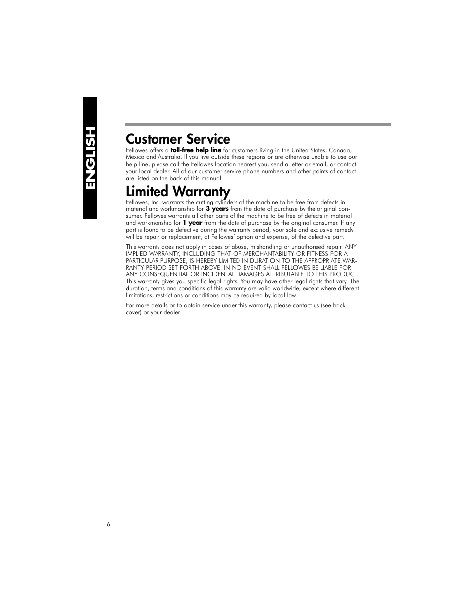 Customer service, Limited warranty | FELLOWES OD500C User Manual | Page 7 / 8