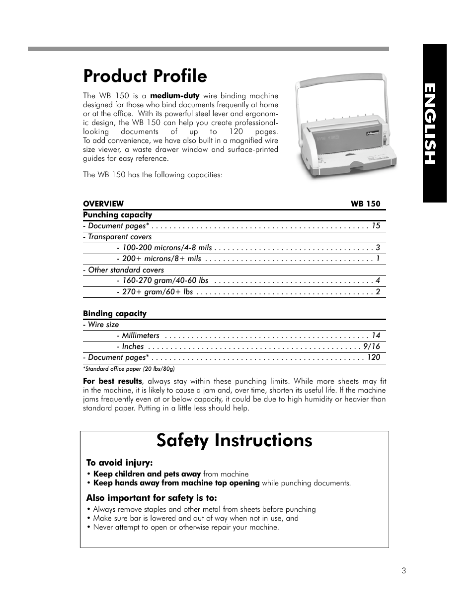 Safety instructions, Product profile | FELLOWES WB 150 User Manual | Page 5 / 10