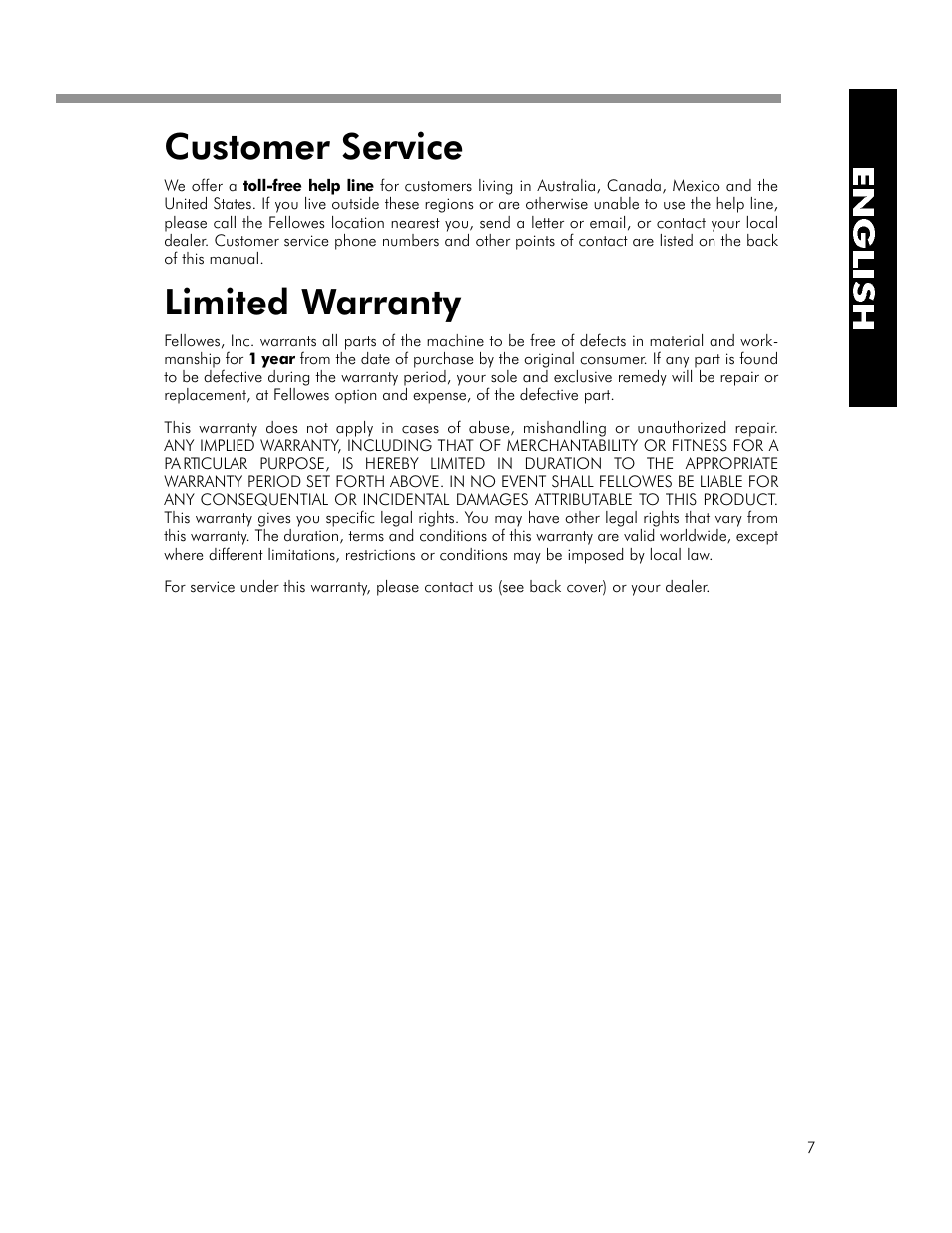 Customer service, Limited warranty | FELLOWES WB 150 User Manual | Page 9 / 10