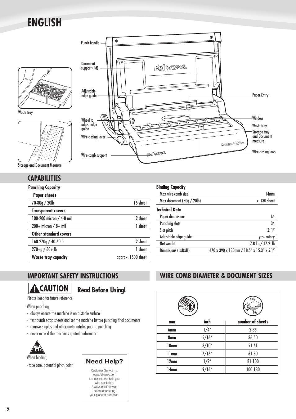 English, Capabilities important safety instructions, Wire comb diameter & document sizes | Read before using, Need help | FELLOWES Quasar Wire 403054 User Manual | Page 2 / 5