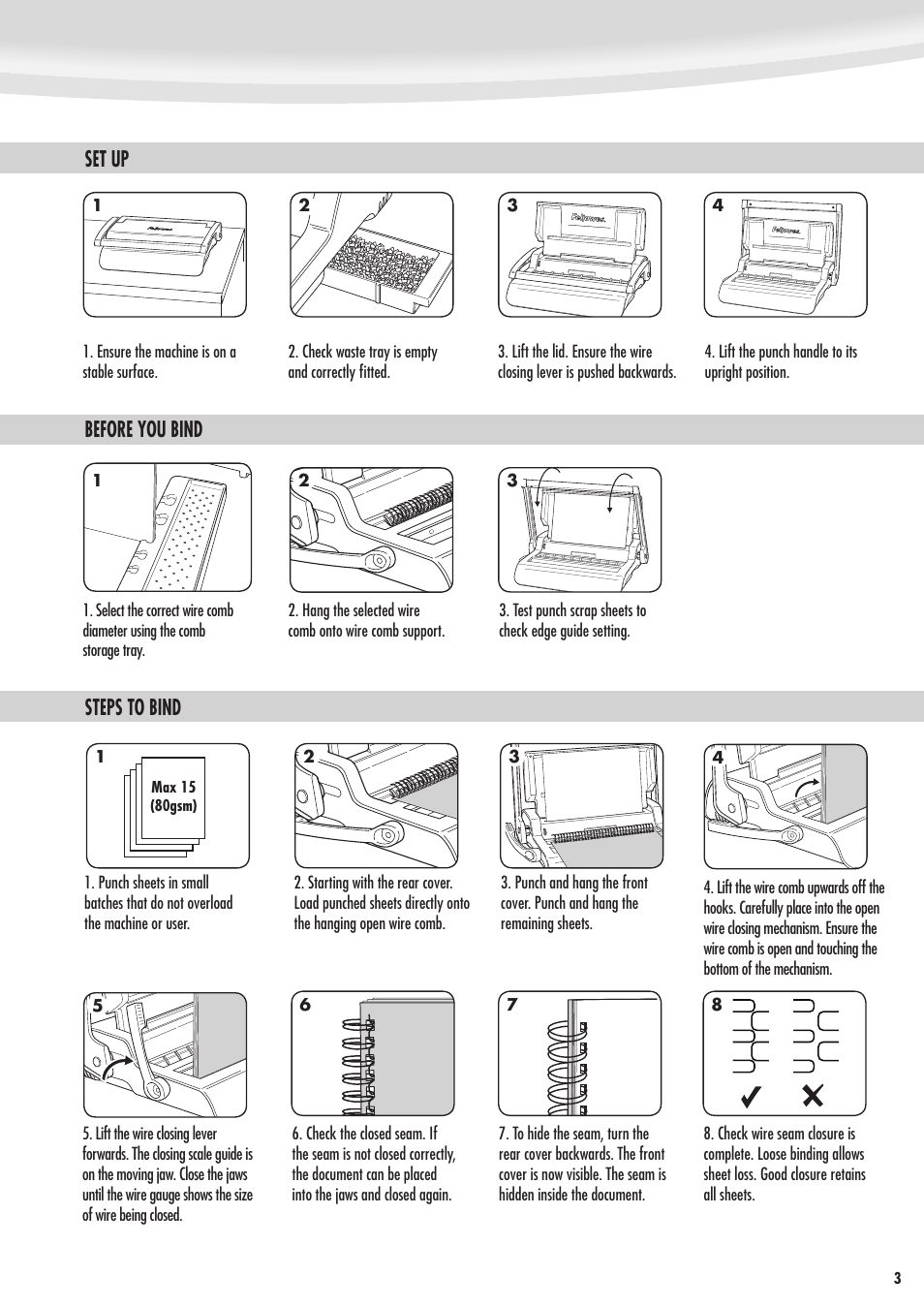 Before you bind, Steps to bind, Set up | FELLOWES Quasar Wire 403054 User Manual | Page 3 / 5