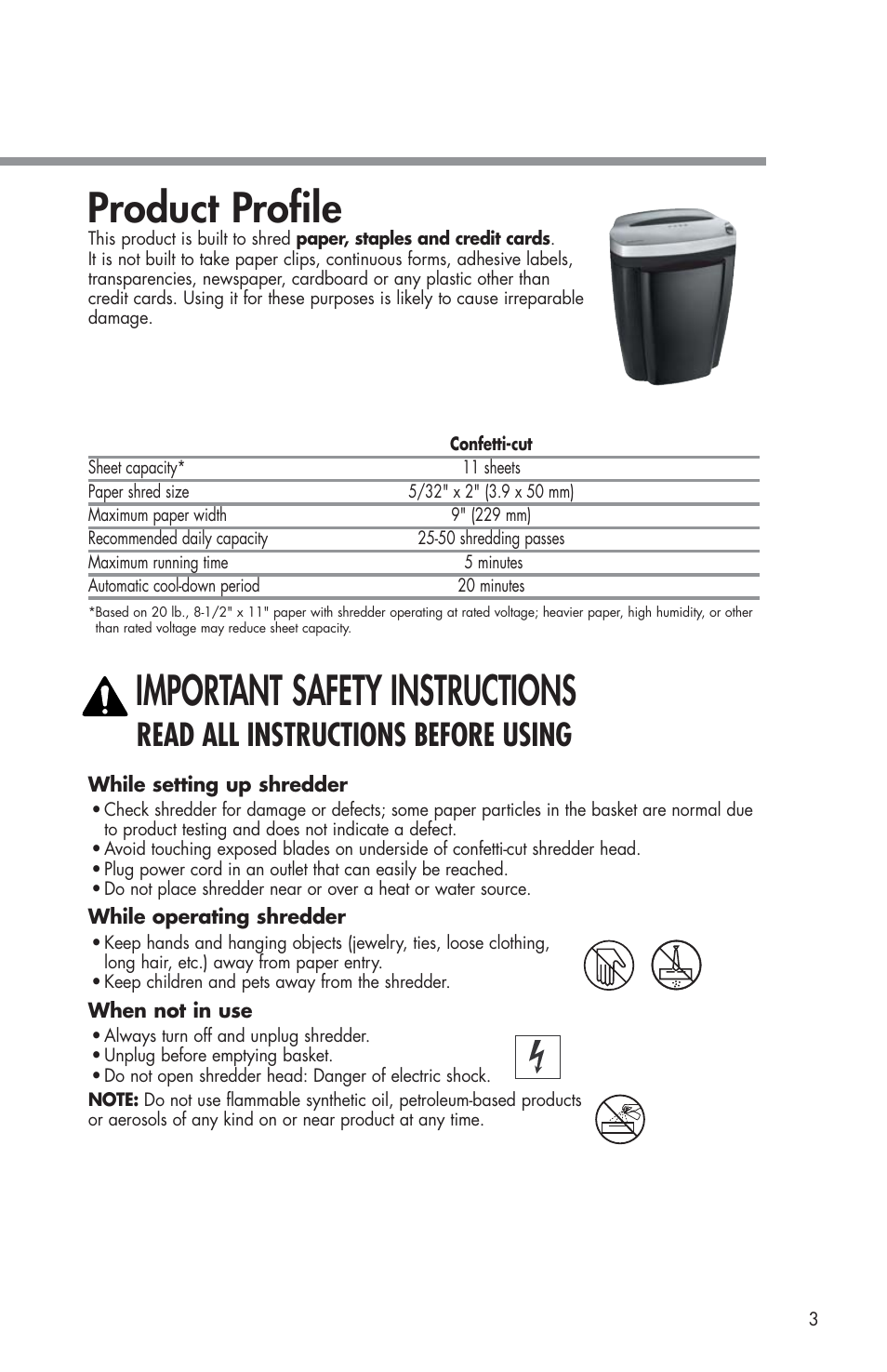 Product profile, Important safety instructions, Read all instructions before using | FELLOWES W11C User Manual | Page 4 / 8