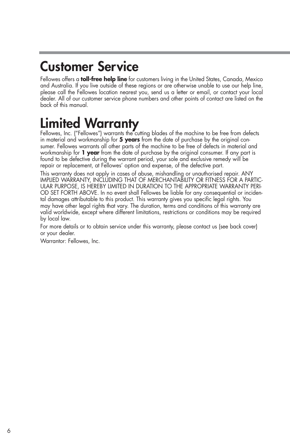 Customer service, Limited warranty | FELLOWES W11C User Manual | Page 7 / 8
