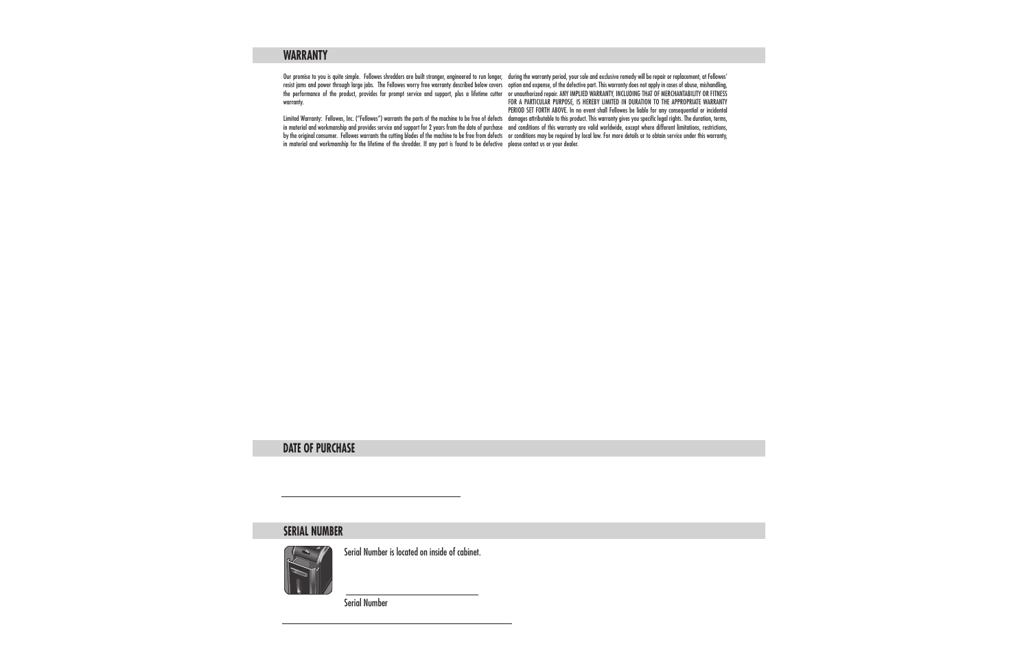Warranty, Date of purchase serial number | FELLOWES DM17Ci User Manual | Page 2 / 5