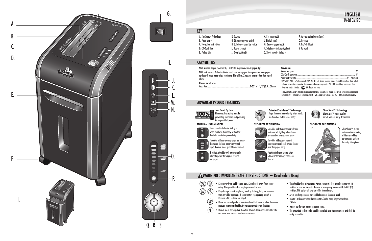 A. b. d. e. f. q. r. s. p. o. o h, I. g, J. k. l. m. n | Model dm17ci, Capabilities, Key advanced product features | FELLOWES DM17Ci User Manual | Page 3 / 5