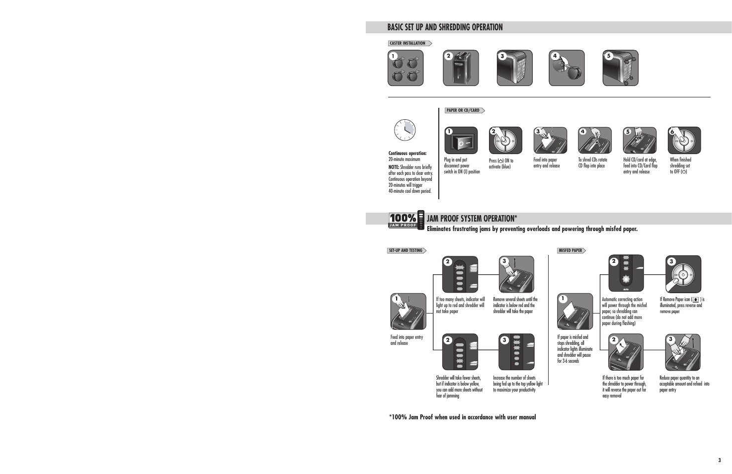 Basic set up and shredding operation, Jam proof system operation | FELLOWES DM17Ci User Manual | Page 4 / 5